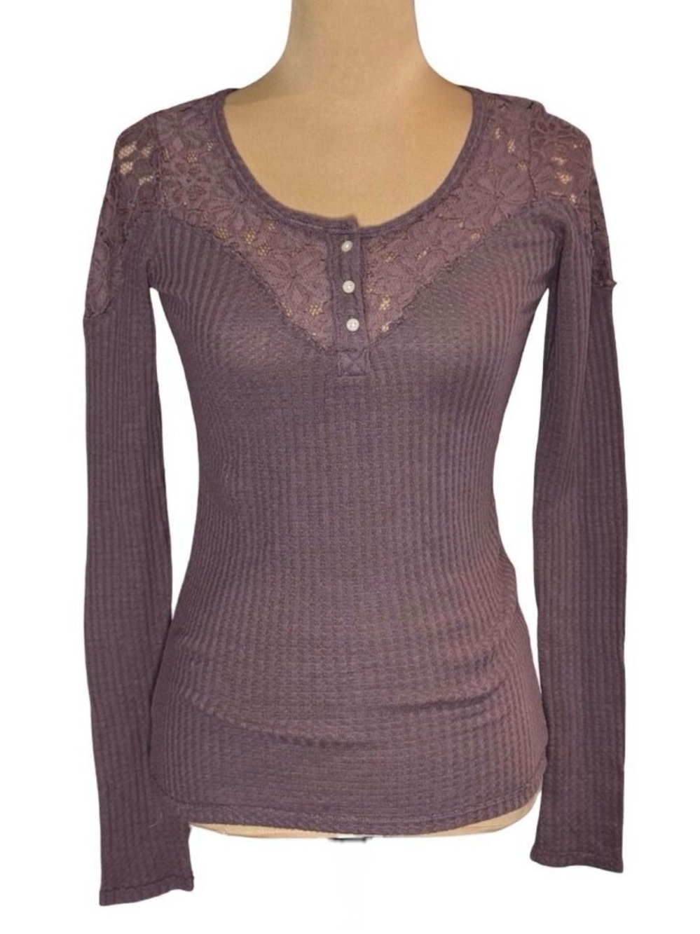 VTG Y2K Womens Hollister Henley Top Sz S Floral Lace Waffle Preppy Coquette